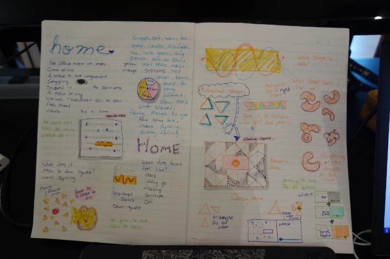 A notebook page with many colored lines and words thinking about what home is